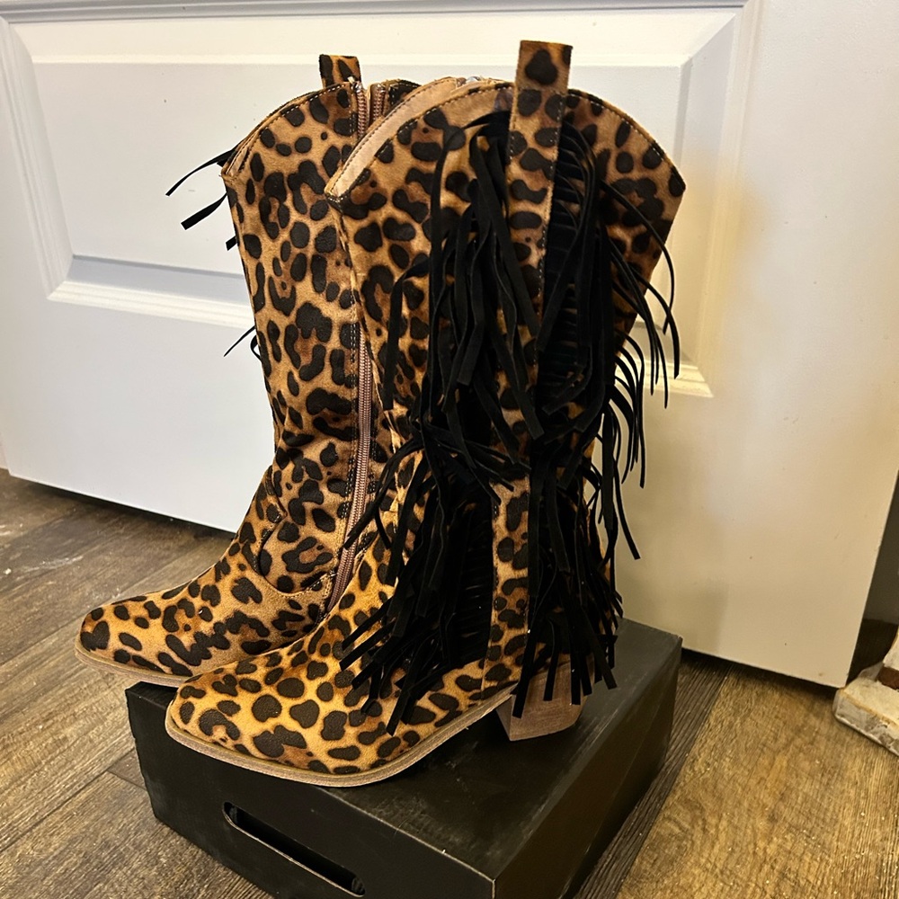 Lucky & Blessed Animal Print Heeled Boots with Fringe